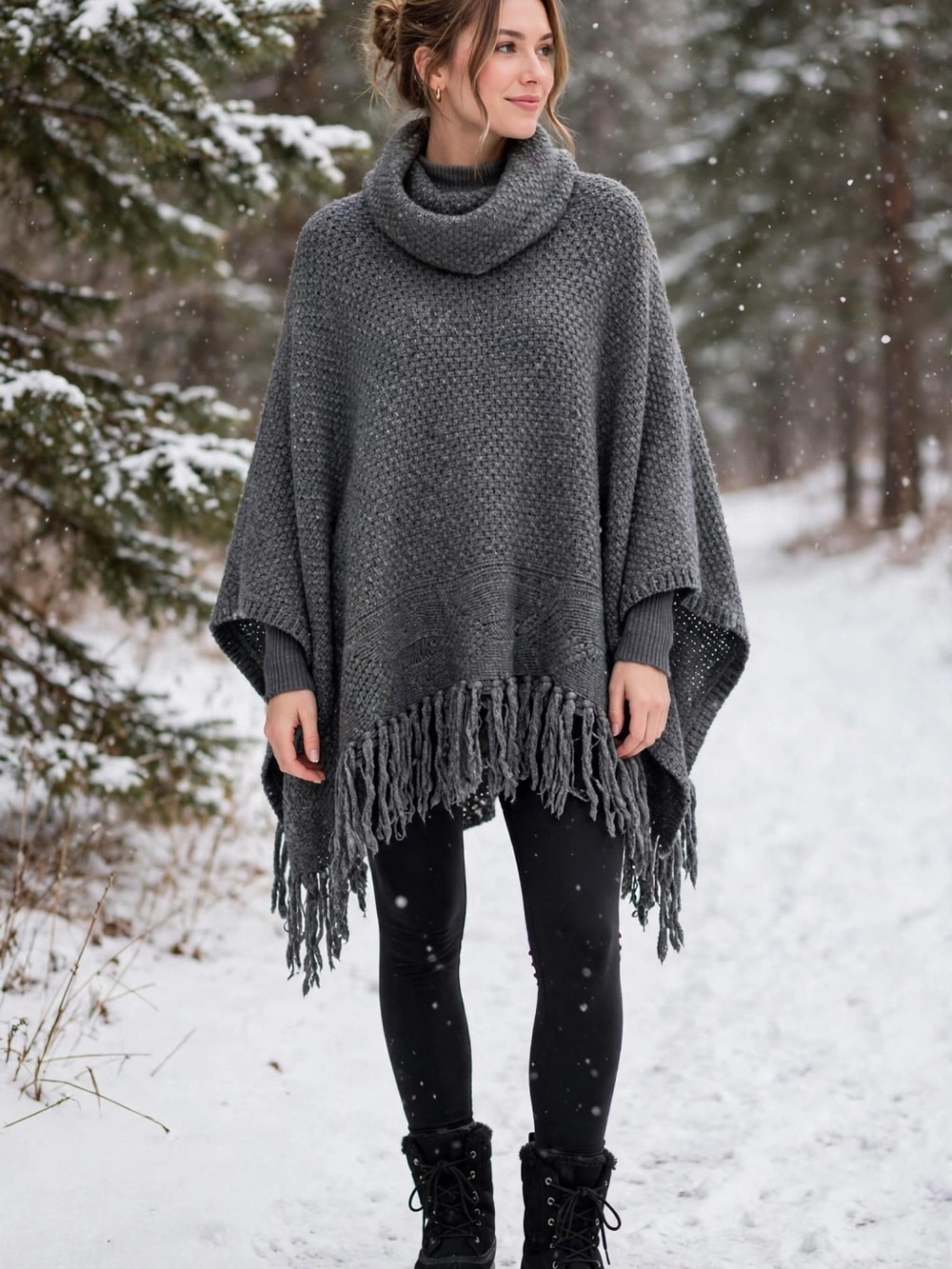 Coldwater Creek Gray Cowl Neck Fringe Poncho